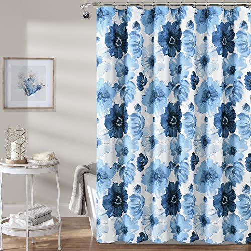 Image of Lush Decor Leah Floral Shower Curtain, 72 inch W x 72 inch L, Navy & White - Fabric Shower Curtains - Watercolor Botanical Bathroom Curtain - Farmhouse & French Country Decor