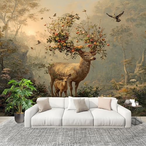 Fotomurales Papel pintado 200x140 cm FantasíA Bosque Animales Ciervos. Papel Pintado Fotográfico Panoramico Decorativos Dormitorio sala Verde Claro Murales Papel Tapiz Antimoho Removibles, Grandes