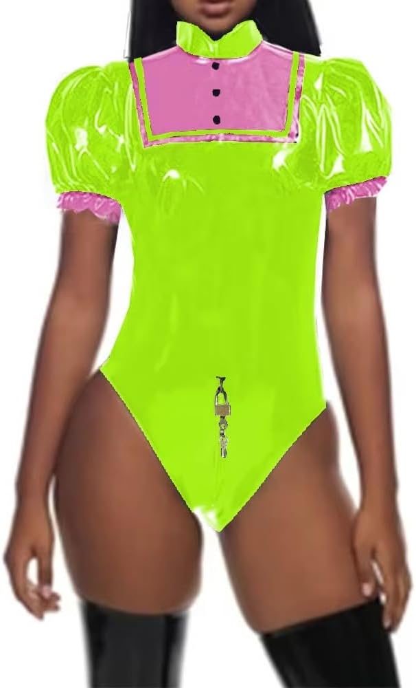 Fetish Queen Lolita Lockable Bodysuit Zipper Crotch Leotard Princess Cosplay Costumes PVC Party Rompers