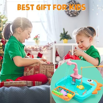 RAZZES Kitchen Sink Toy with Running Water – Automatic Water Circulation | Pretend Play Kitchen Set with Tableware, Vegetables, Fruits & Fishing Game | Fun Gift for Girls & Boys - Image 4 thumbnail