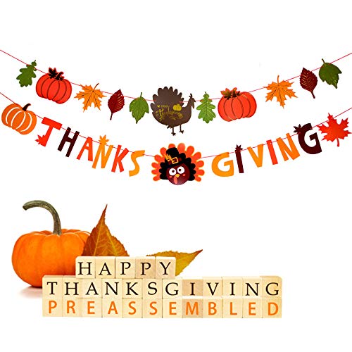 Thanks Giving Banners(Pre-Assembled)Fall Maple Leaves Pumpkins Turkeys Banner for Thanksgiving Day Happy Thanksgiving Fall Party Sign Banner Garland Decoration for Mantle Dinner Table Fireplace