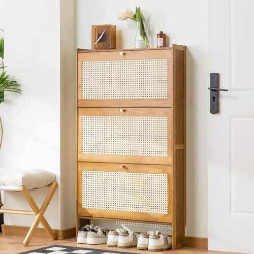 Zapatero de bambú con 3 estantes de almacenamiento abatibles, organizador de almacenamiento de zapatos independiente para pasillo, entrada, dormitorio, color madera
