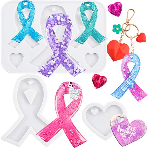 Awareness Ribbon Keychain Epoxy Resin Silicone Molds with Heart, for Pendant Charm Jewelry Casting Fondant Cake Chocolate Pudding Cookie Soap Polymer Clay 7-Cavity 0.7-2.9inch