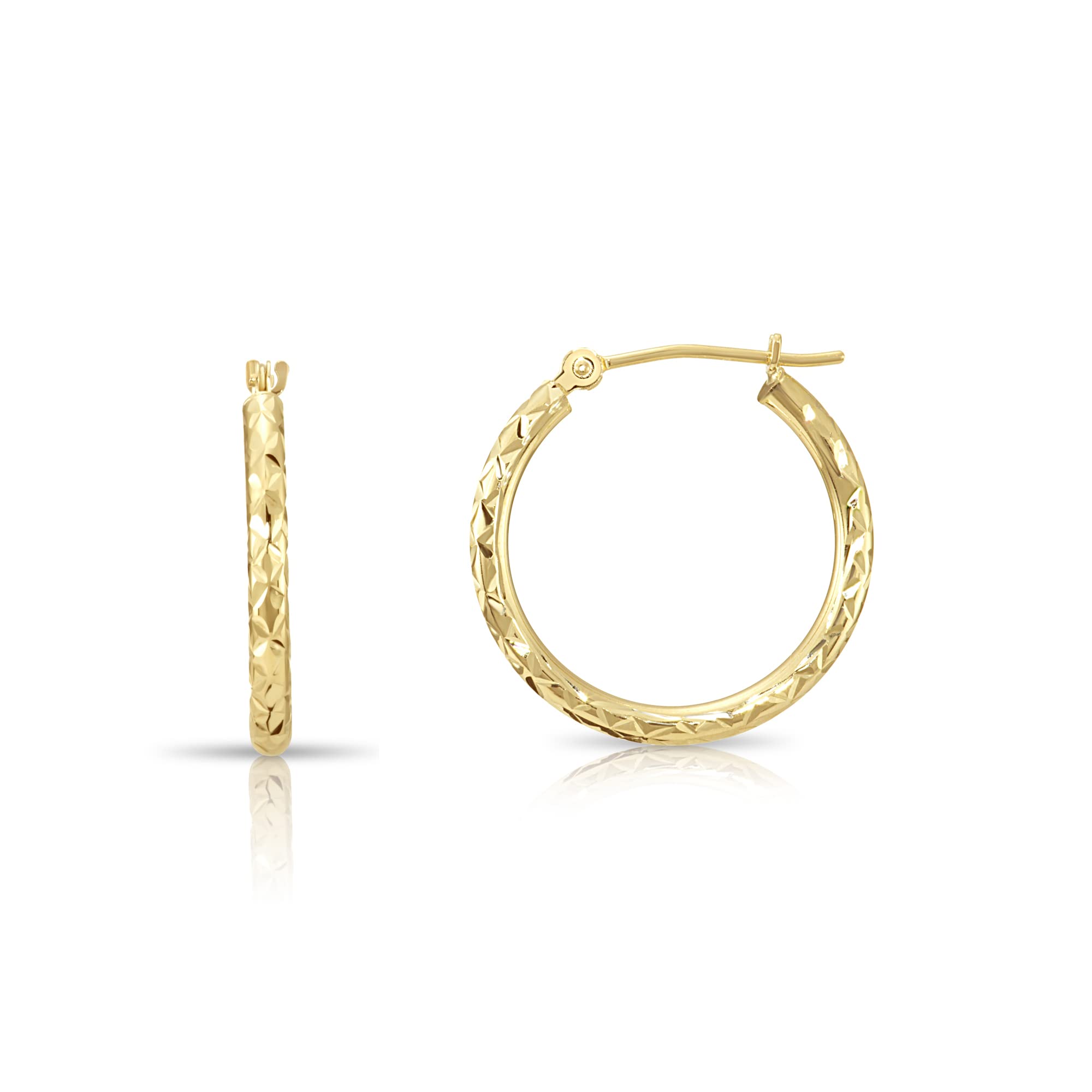 14K Yellow Gold Round Hoop Earrings with X Pattern Diamond-cut Design