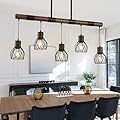 5-Light Kitchen Island Lighting, Farmhouse Linear Dining Room Light Fixture/Chandelier Over Table, Matte Black Rustic Wood Ceiling Pendant Light Fixtures with Metal lampshade