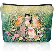 Cute Cat Flower Small Makeup Bag for Women, Kitty Cosmetic Zipper Travel Toiletry Bag for Daughters, Friends, Cats Girl & Women. Ideal Gifts For Travel, Birthdays, Graduation & Christmas.