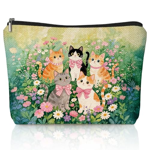 LIANGW Cute Cat Flower Small Makeup Bag for Women, Kitty Cosmetic Zipper Travel Toiletry Bag for Daughters, Friends, Cats Girl & Women. Ideal Gifts For Travel, Birthdays, Graduation & Christmas.