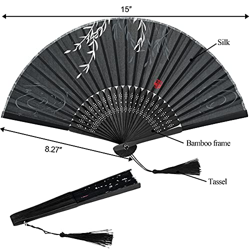 EAONE 3 Pcs Hand Folding Fan, Abanicos Chinese Vintage Style Handheld Fan with Fabric Sleeve, Silk Fan with Bamboo Frame and Elegant Tassel for Party Wedding Dancing Decoration