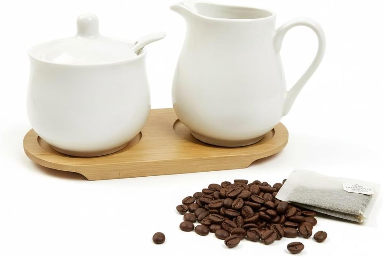 3 Pcs Sugar and Creamer Set with Wood Tray, Ceramic Sugar Bowl and Creamer Pitcher, Round Body, 1.2 Lbs / 550 G for Coffee Bar, Home, Restaurant