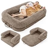 LE SURE Foldable Human Dog Bed - 3 in 1 Flexible Giant Human Dog Bed for Adult People with Supportive Bolster Egg Foam, Waterproof Liner, Calming Fluffy Faux Fur Orthopedic Big Bean Bed, Taupe