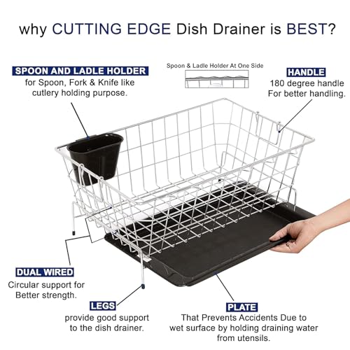 Image of Cutting EDGE Medium Stainless Steel Dish Drainer Basket with Holder Rust-Proof Kitchen Rack for Drying Plates Bowl Glasse Spoons & Utensils Space-Saving Stand for Sink Countertop (56 x 43.3 x 23 cm)