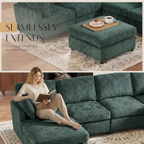Image of 122.6 inch Chenille Modular Sectional 6 Seater Sofa, Deep Seat Couch with Ottoman & Removable Covers, Free Combination Modern Couch, L /U Shaped Modular Sectional Sofa, for Living Room, Apartment, Green