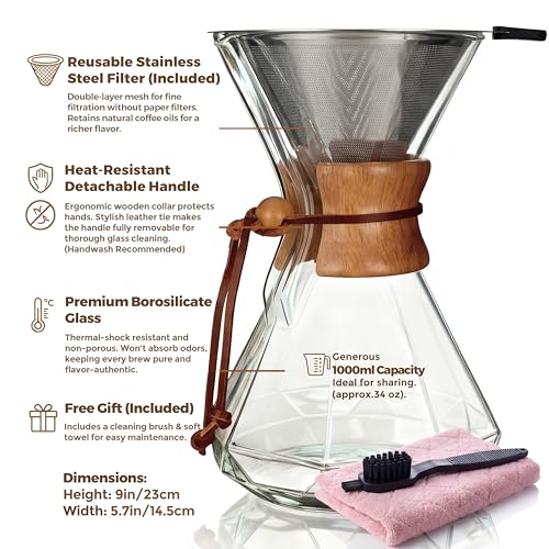 Image of AGOGO Pour Over Coffee Maker Set, 34oz Diamond Style, 304 Stainless Filter | Barista kit for home kitchen, Cafe, Camping & Office; 20oz-40oz Classic, Slim, Diamond styles; Includes brush & towel.