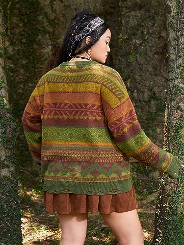 Image of Verdusa Women's Plus Size Graphic Print Drop Shoulder Distressed Sweater Pullover Top Green Brown 3XL