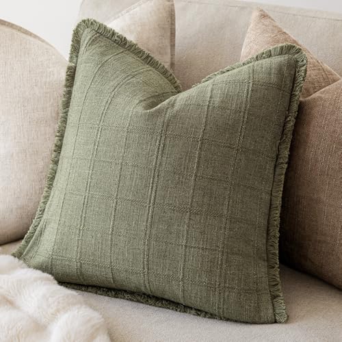 Image of Foindtower Set of 2 Decorative Linen Check Fringe Throw Pillow Covers Farmhouse Vintage Cushion Covers Modern Boho Home Decor for Sofa Chair Couch Bedroom Living Room,20x20 Inch,Sage Green