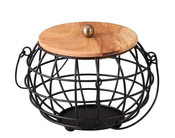 HOMESTHETICS Rustic Wire Fruit Basket with Wooden Lid and Handles – Round Metal Mesh Egg and Vegetable Storage Holder – Farmhouse Countertop Bread & Snack Organizer Decorative Bowl for Kitchen, Black-image-1