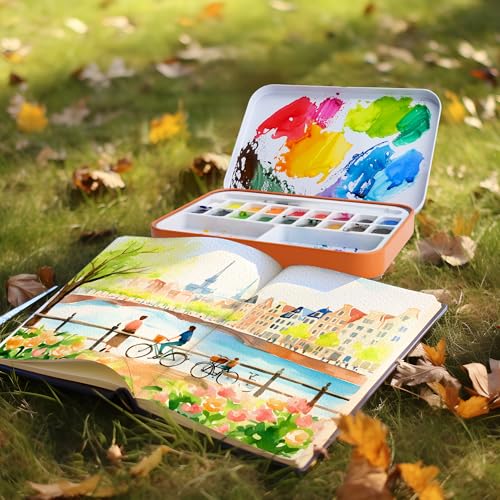 AUREUO 旅行用水彩絵の具セット - 通用色 18色 固形顔料 - ポータブル鉄の小箱装、スケッチ用の水彩絵のブラシペン付き 旅行向けの無毒顔料 の商品画像 4
