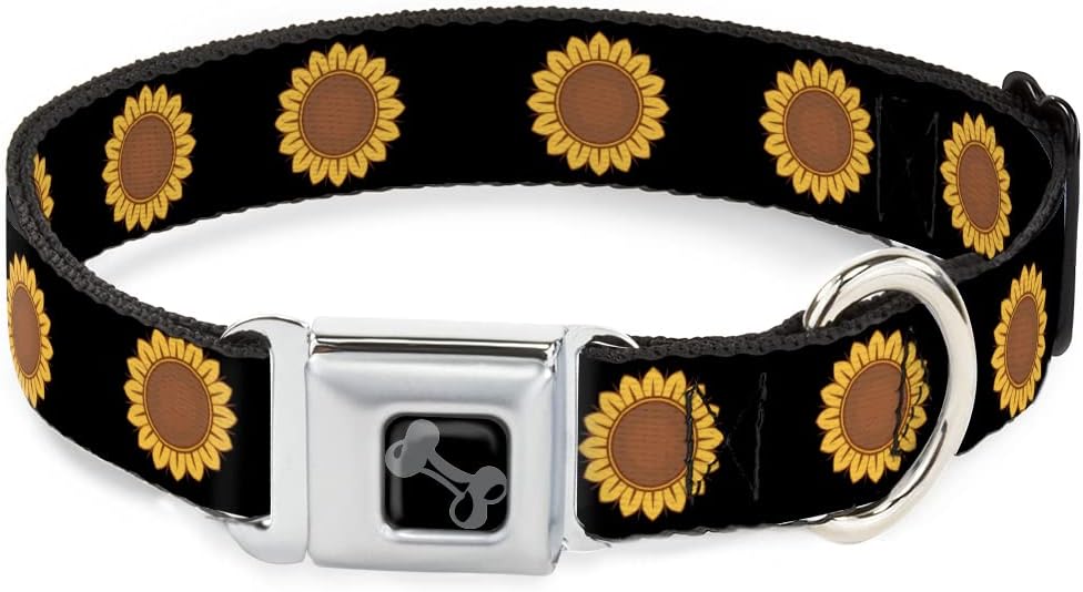 Dog Collar Seatbelt Buckle Sunflower Face Repeat Black 18 to 32 Inches 1.5 Inch Wide