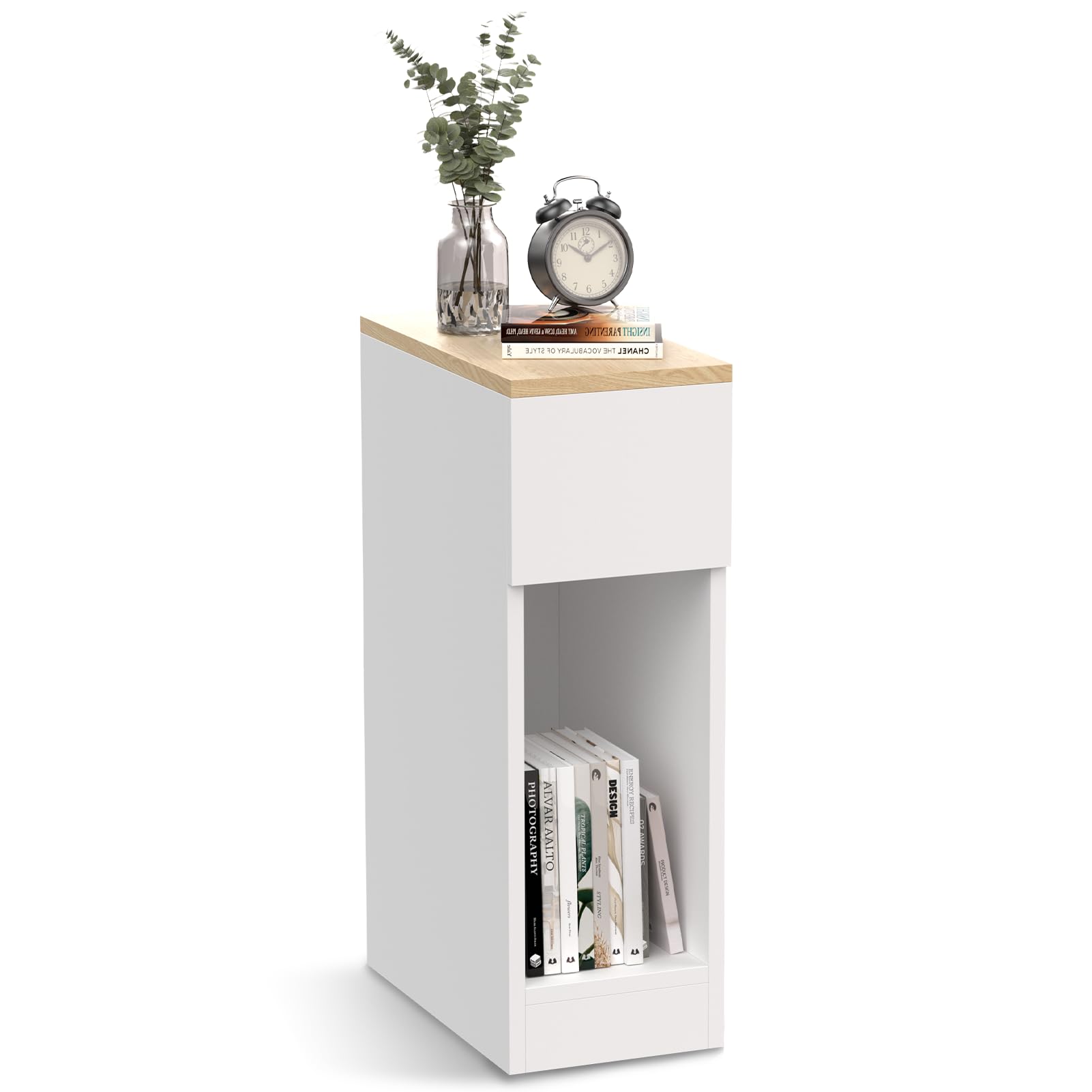 Warmiehomy Side Table with Storage Drawer and Shelf Slim Small Table End Table for Small Spaces Nightstand Bedside Cabinet for Bedroom Livingroom Study Toilet,Easy Assembly(20x35x60cm/Wave White)