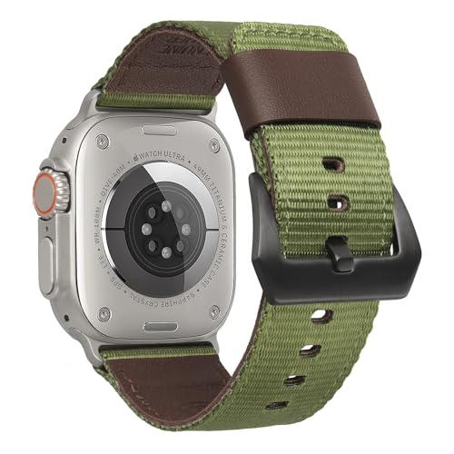 XIAOJU Compatible with Apple Watch Band 49mm 45mm 44mm 42mm, Rugged Nylon Genuine Leather Band Replacement Strap for Apple Watch Ultra 2/1 Series 9/8/7/6/5/4/3/2/1/SE2/SE (49mm/45mm/44mm/42mm, Green)