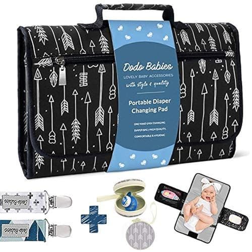 Image of Dodo Babies Portable Diaper Changing Pad Set - Portable Waterproof Changing Mat with Memory Foam Head Pillow and Zip Storage Plus 2 Pacifier Clips and Pacifier Case