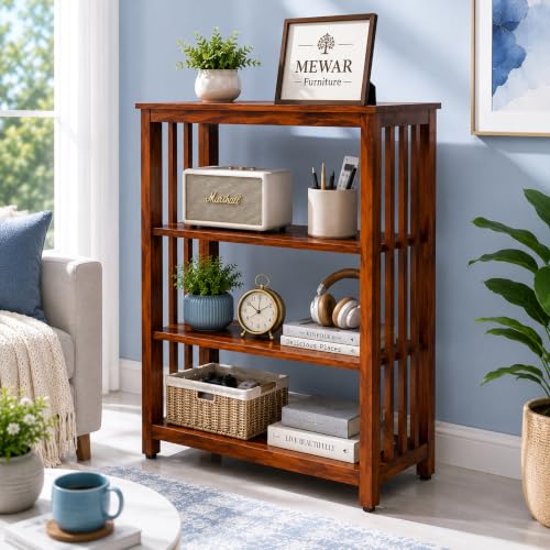 Image of Corner Display Shelf Storage | Wooden Storage Rack & Display Organizer | Solid Sheesham Wood Open Shelf for Living Room, Bedroom, Home & Office (Natural Wood, Open Shelf)