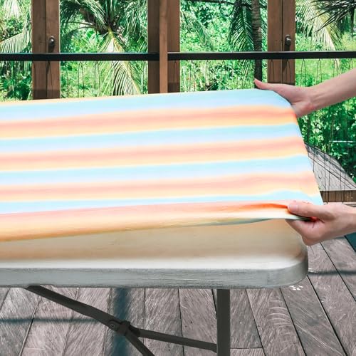 Fhberni Rectangle Picnic Table Cloth, Fitted Rainbow Pattern Flannel Backed Wipeable Tablecloth for 6 FT Tables-Outdoor & Indoor