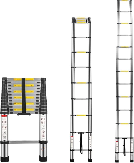Multibao 3.8M / 12.5FT Telescopic Ladder Multi-Purpose Portable Telescoping Ladder Aluminium Extension Steps Ladder Adjustable Height EN131 Safe Standard 13 Steps 150kg Capacity