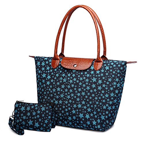 Crest Design Women’s Waterproof Nylon Tote Handbag Top Handle Bag with Wallet 2PCs Purse Set