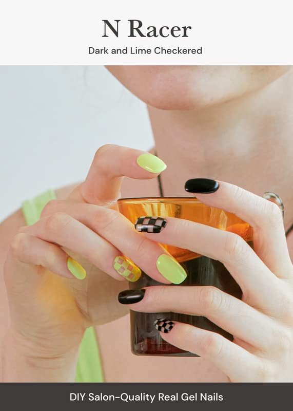 ohora Semi Cured Gel Nail Strips (N Racer) - Green, Patterned, Works with Any UV/LED Lamps, Salon-Quality, Long Lasting, Easy to Apply & Remove - Includes 2 Prep Pads, Nail File & Wooden Stick