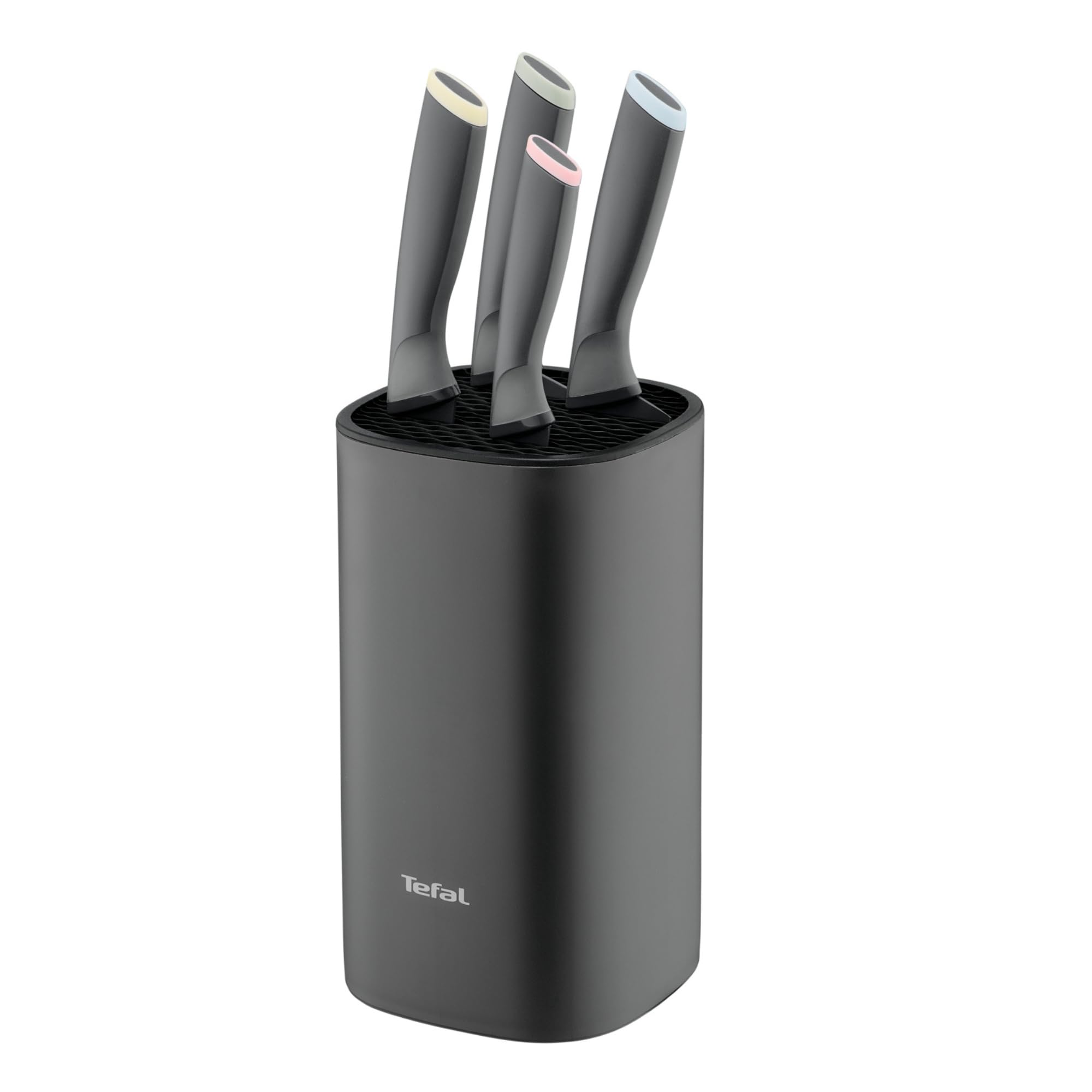 Tefal Slicy Knives, Set de 4 cuchillos + Bloque: Chef 15 cm, Santoku 12 cm, Utilitario 12 cm, Pelador 9 cm y, Cuchillas antiadherentes, Almacenamiento fácil, Colores identificativos
