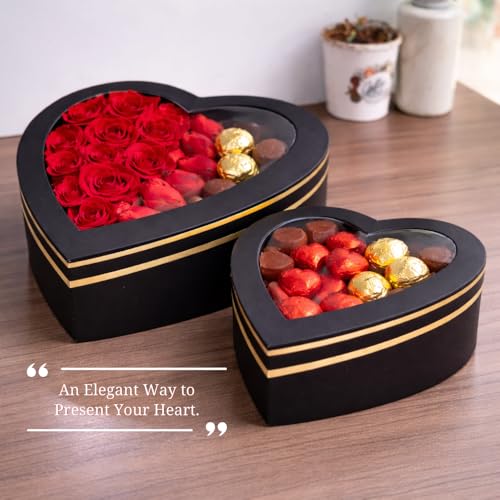 Image of Oasis Pack of 2 Italic Heart Shaped Gift & Flower Hamper Boxes With Clear Lid | Classic Bouquet Box for Flower Arrangements & Gift Hampers | Decorative Gift Packaging Box - Midnight Black Heart