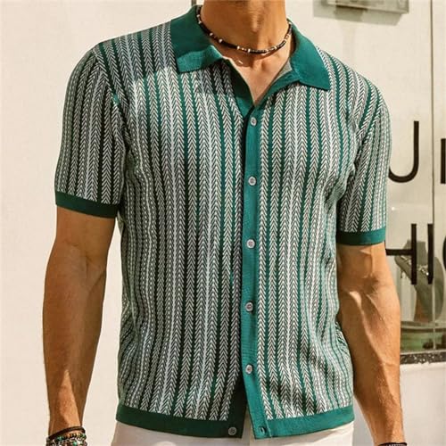 Generic Men's Short Sleeve Stripe Knitted Shirt Button Down Polo Shirts Vintage Business Casual Cardigans4