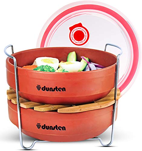 Dunsten Stackable Steamer Insert Pans for 6/8 Qt Electric Pressure Cookers | Easy to Store, Reheat and Clean | Accessories for Instant Pot Cooking | Includes 1 Lid for Leftovers | Dishwasher Safe