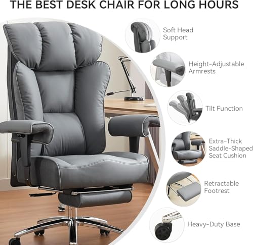 Image of Efomao Ergonomic Office Chair 450LBS with Foot Rest, High Back PU Leather Executive Office Chair with Adjustable Armrests, Lumbar Support for Home or Work, Computer Chair, Grey