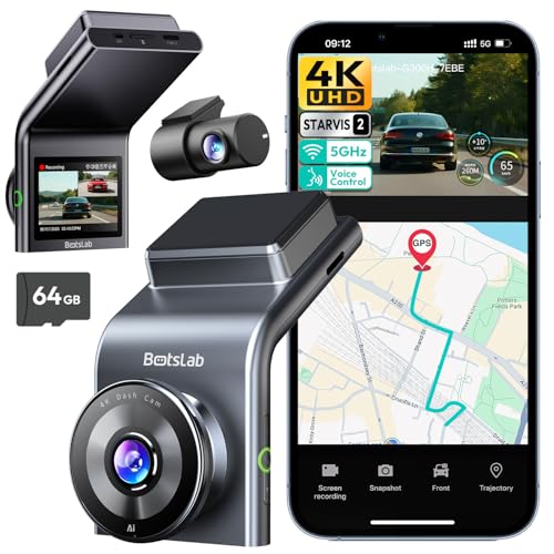 BOTSLAB 4K Dash Cam Front and Rear, STARVIS 2 Sensor, Voice Control, 64GB Card Included, 5GHz WiFi...
