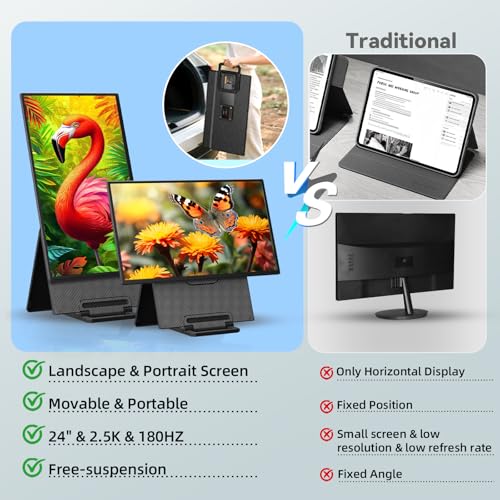 Image of 24 inch 180Hz Gaming Monitor, 2.5K 2560x1440 QHD Fast IPS 112.5% sRGB Large Portable Monitor, Height & Rotation Adjustable Stand Type-C HDMI Eye Care External Screen for Laptop Phone PS4&5 Switch Xbox