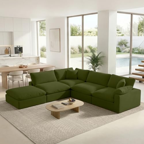 Image of 143 inch Cloud Modular Sectional Sofa,Green Down Filled Sofa 4 Seat with Chaise,Minimalist Sofa Cover Washable and Replaceable Couches for Living Room,Sectional Sofa Deep Seat