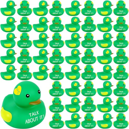 DEEKIN 60 Pcs Mental Health Rubber Duck Mental Health Awareness Green Ribbon Rubber Duck Mental Health Gifts Duck for Friend Family Coworkers Fundraiser Giveaways