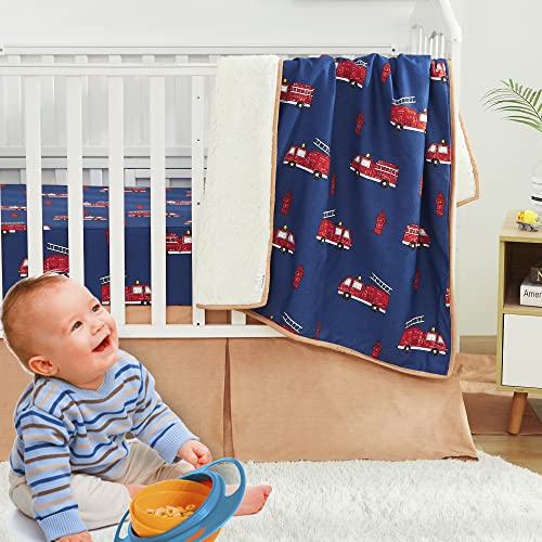 Image of Brandream Fire Truck Baby Crib Bedding Sets for Boys or Girls 3 Pieces, 100% Cotton, Red Blue Cute Super Cozy Nursery Bedding Set