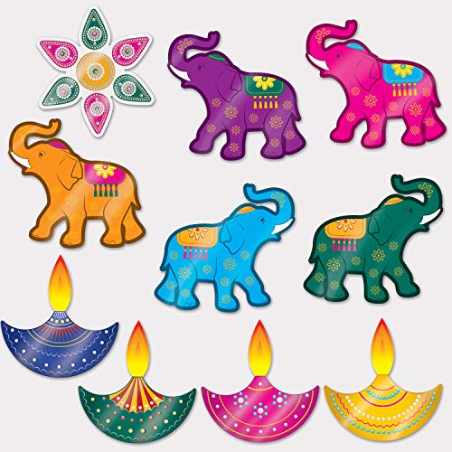 Foil Cardstock Paper Diwali Cut Outs 10 Piece Decorative Elephant And Lights Wall Party Supplies