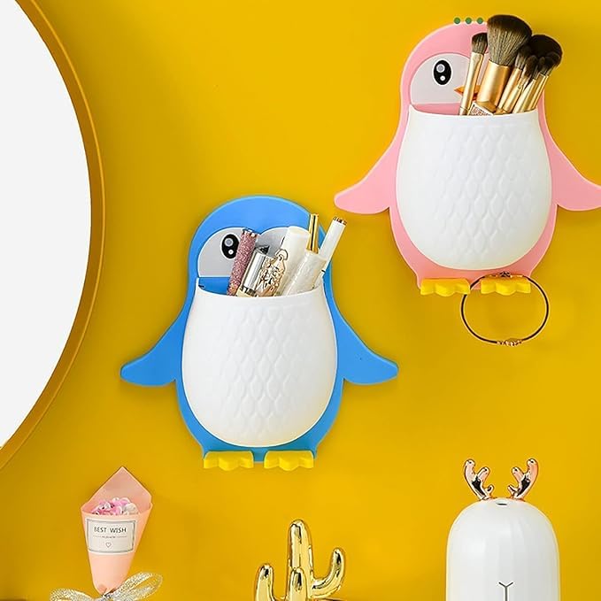 OFFERZONE Toothbrush Holder, Plastic Wall Mounted Penguin Shape Storage Organizer for Bathroom with Self Adhesive Stick Multipurpose Wall Shelves 2