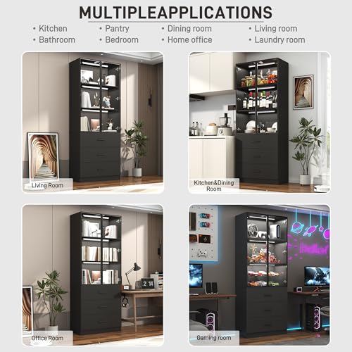 chartustriable 79\" Tall Display Cabinet with LED Sensor Light & Pop-up Glass Doors & Drawers, Modern Bookcase Curio Storage Cabinet for Bedroom, Living Room, Office, Black