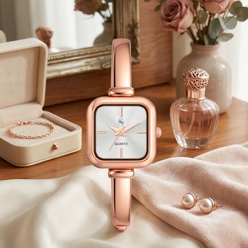 Image of Shocknshop Elegant Bangle Aura Square Dial Ladies Rose Gold Bracelet Strap Watch for Woman -WCH181