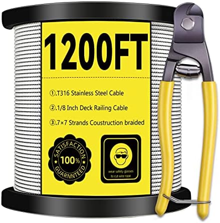 1/8" T316 Stainless Steel Cable, Wire Rope Aircraft Cable for Deck Cable Railing Kit,7 x 7 Strands Construction Braided Steel Wire Cable with Cutter (1, 1200FT)
