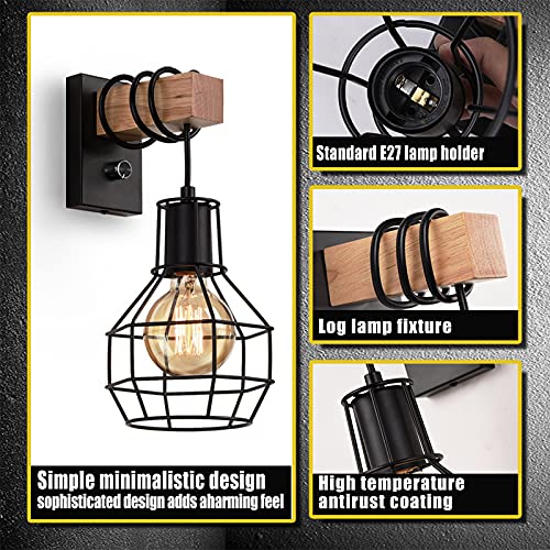 Glighone Wandleuchte Innen Vintage Dimmbar Wandlampe mit Schalter Schwarz Industrial Wandlampe Retro aus Metall und Holz E27 für Treppenhaus Flur Cafe Bar Restaurant Wohnzimmer (Ohne Leuchtmittel)