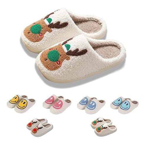 LEZIRTOI Cute Christmas Slippers Womens Mens Casual Shoes Xmas Elk Reindeer House Slipper For Family Plush Indoor Outdoor Slipper Winter House Slippers Cozy Furry Slippers（milu-lv-4041）