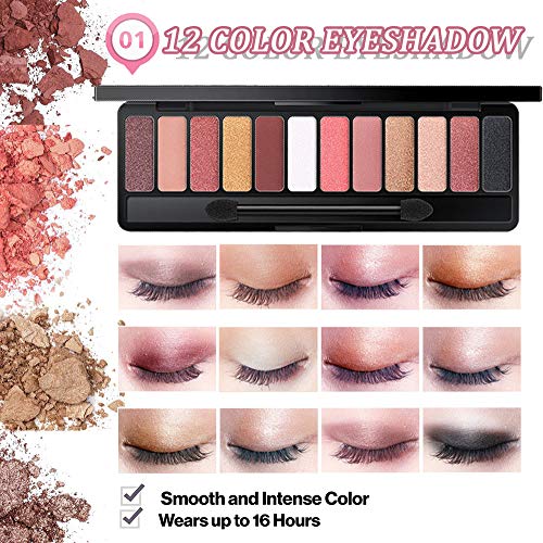 All in One Makeup Kit, Includes 12 Colors Eyeshadow Palette, 5PCS Brush Set, 3 Colors Eyebrow Powder, Waterproof Black Eyeliner & Mascara, Magic Contour Stick With Cosmetic Bag Makeup Set