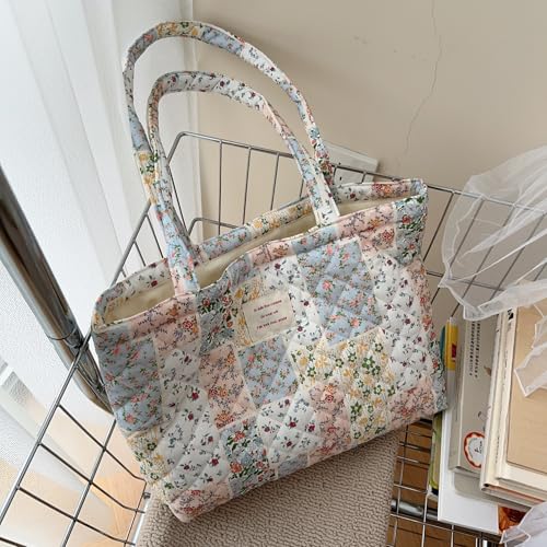 Image of Floral Quilted Cotton Shoulder Bag for Women Medium Size Handbag Large Capacity Thickened Design Tote