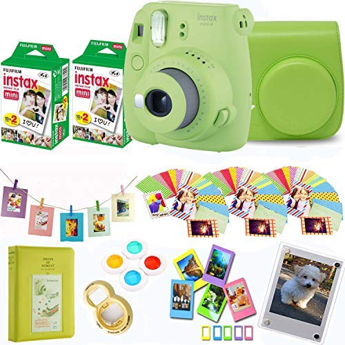 Fujifilm Instax Mini 9 Instant Camera Compatible Carrying Case + Fuji Instax Film 40 Shots + Magnetic Acrylic Frame + Album, Frames, Filter Set & Selfie Lens 90 PC Design Kit (Lime)